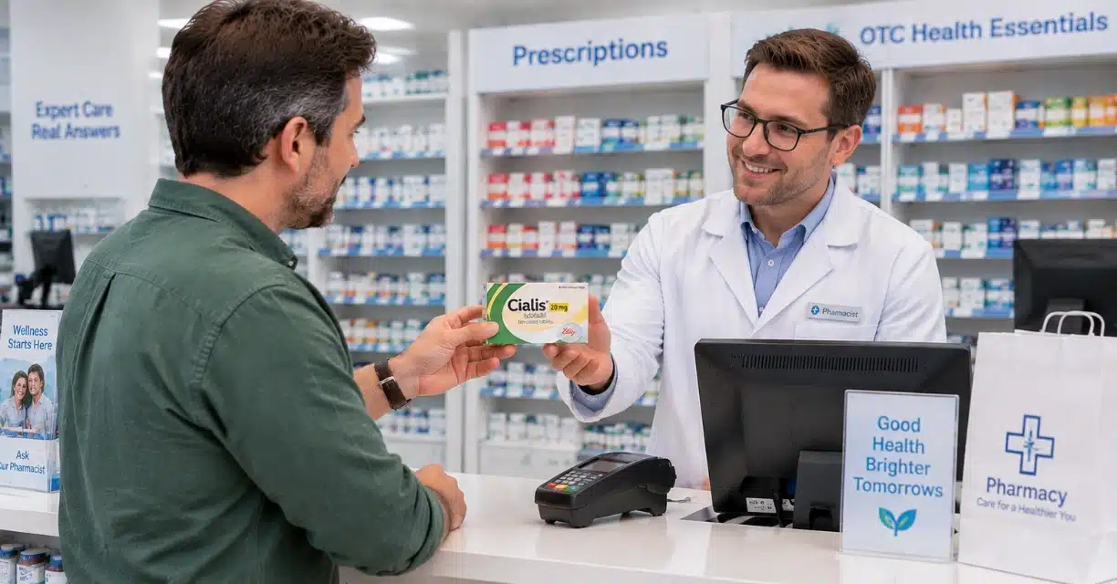 Man handing Cialis 20 mg medicine box to pharmacist in Memphis