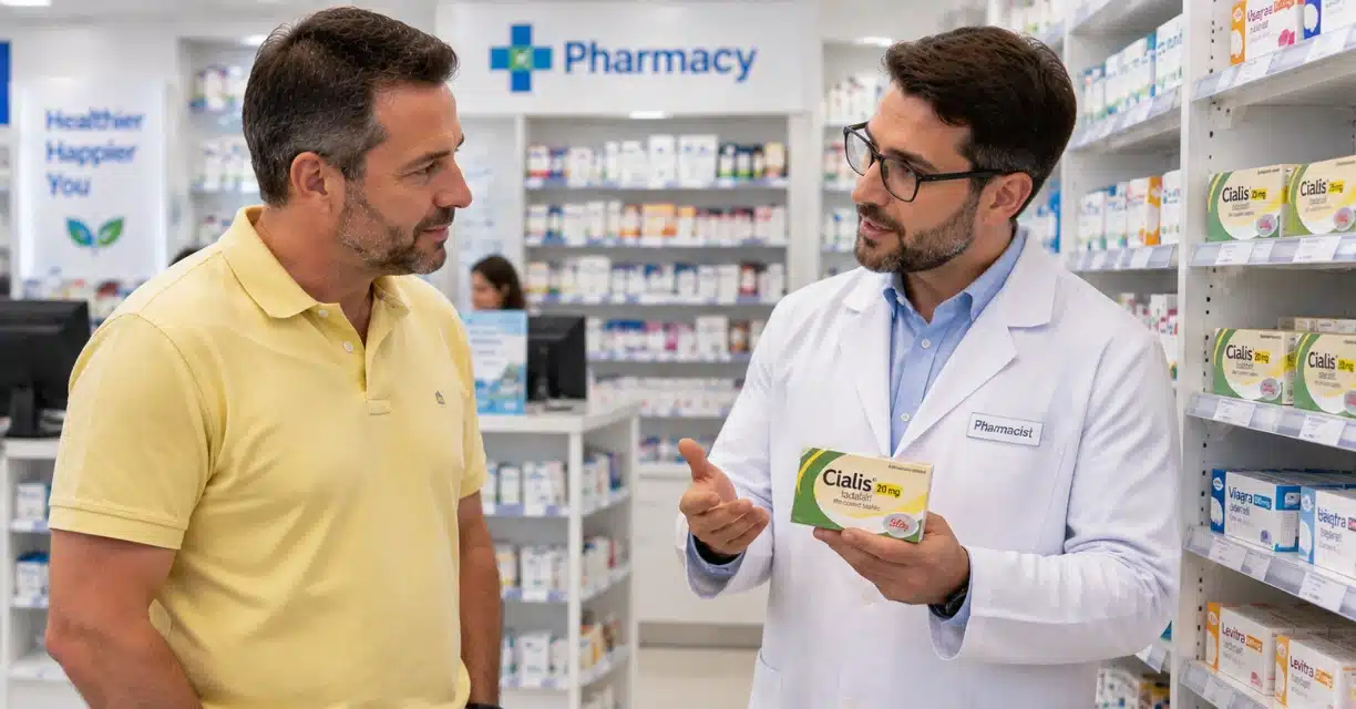Pharmacist explaining Cialis 20 mg medicine box to man in Minneapolis