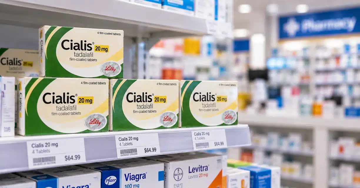 Cialis 20 mg medicine boxes displayed on pharmacy shelf in Montreal