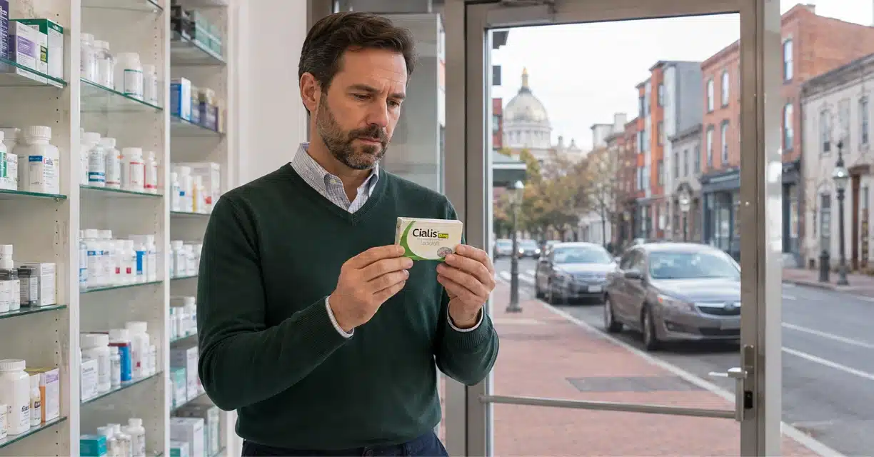 Man checking Cialis package at a New Orleans pharmacy