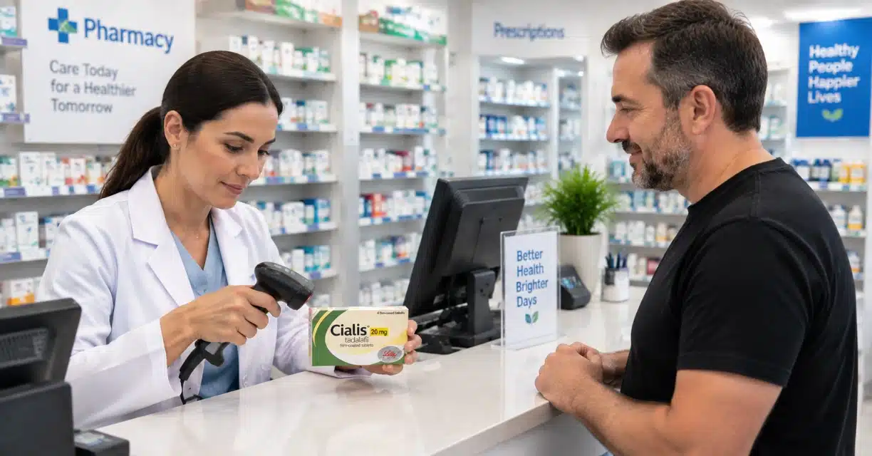 Pharmacist scanning Cialis 20 mg medicine box for customer in New York