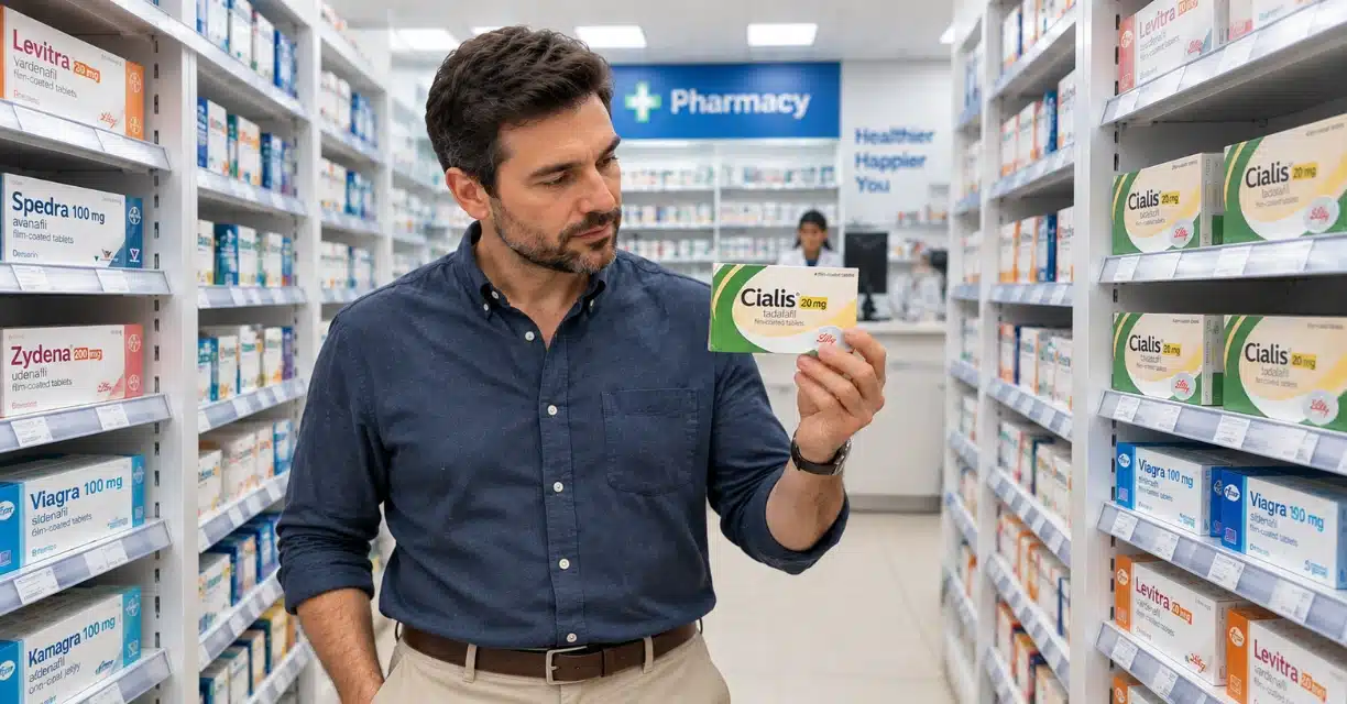 Man reading Cialis 20 mg medicine box in Perth pharmacy aisle