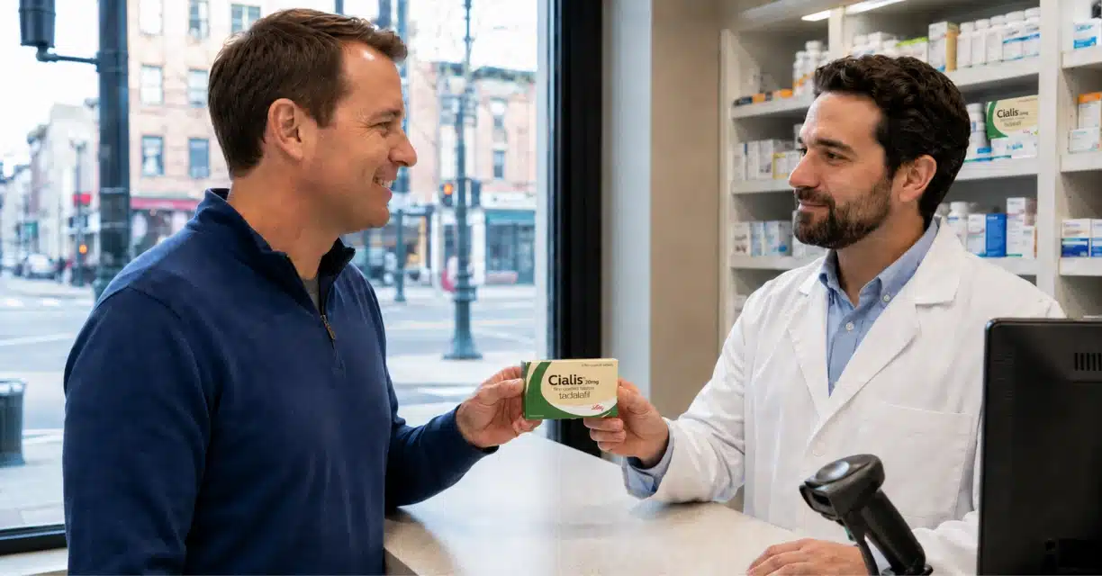 Pharmacist handing Cialis to male customer in Philadelphia