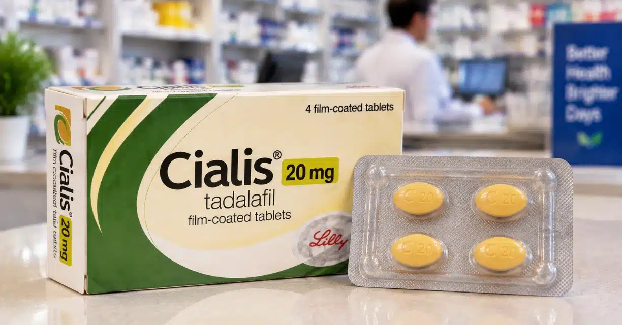Cialis 20 mg medicine box with tadalafil tablets on Sydney pharmacy counter