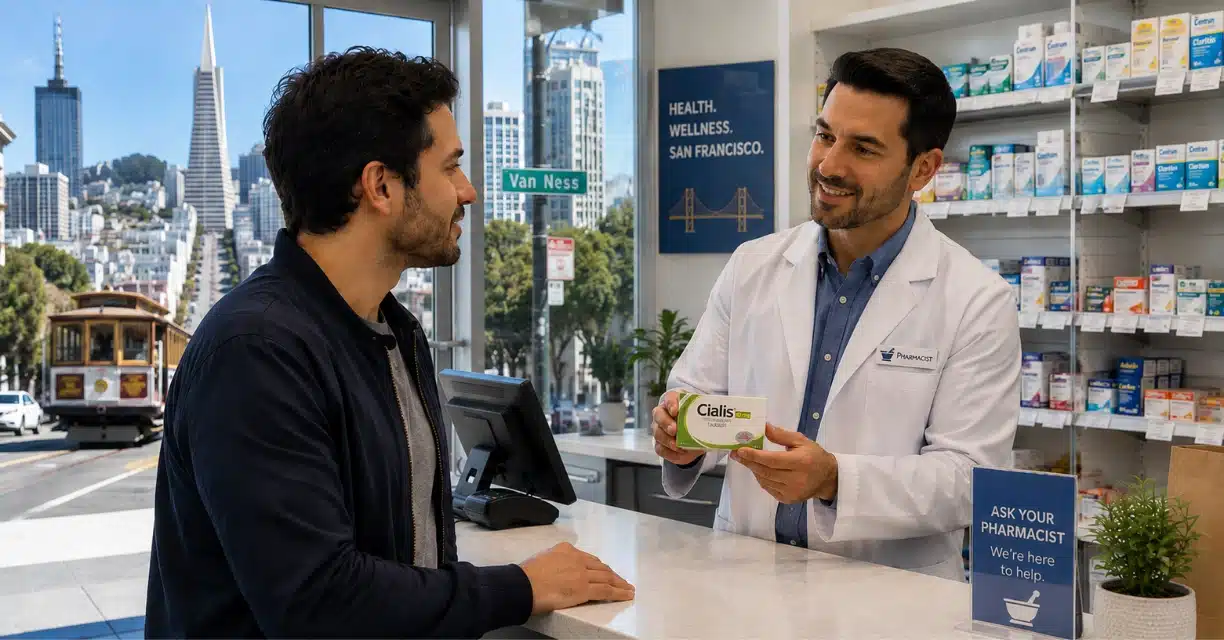 Pharmacist showing Cialis package to male customer in San Francisco