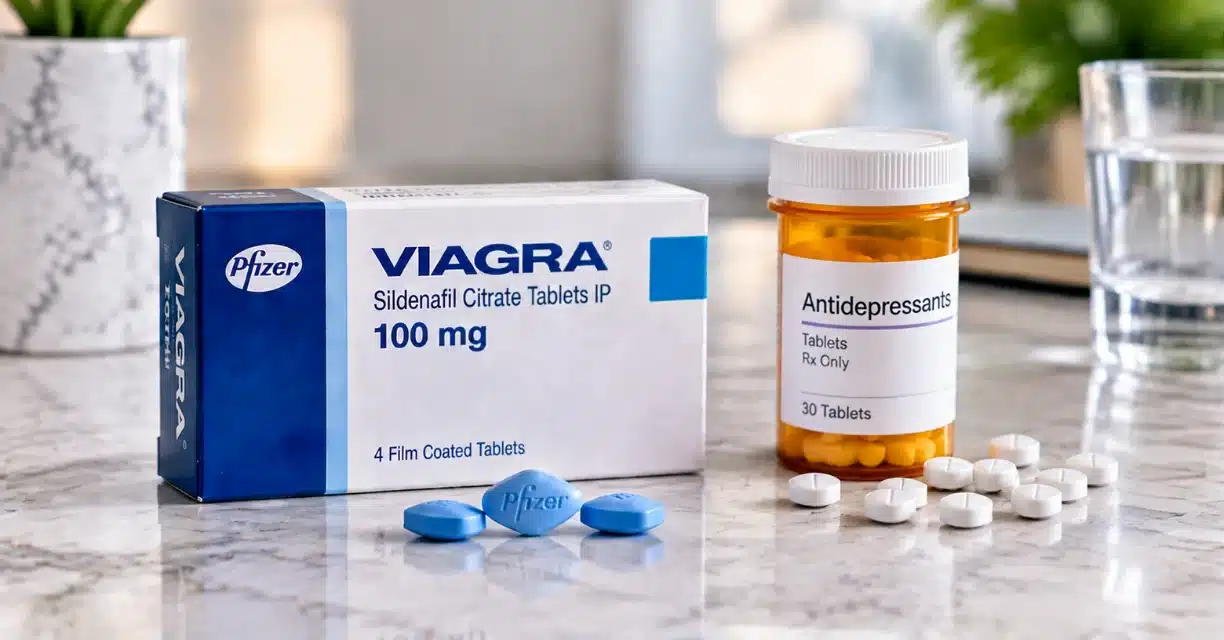 Viagra 100 mg sildenafil box beside an antidepressant pill bottle