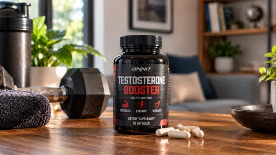 Testosterone booster supplement bottle with workout equipment and capsules