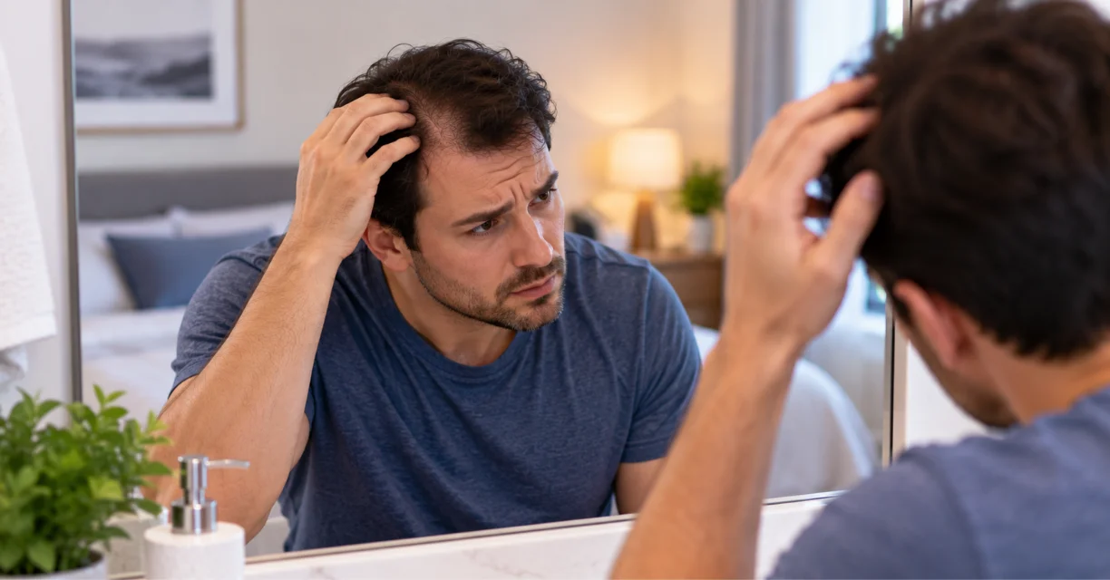 Man examining hair loss in a mirror while concerned about rheumatoid arthritis