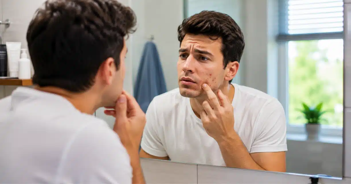 Man checking facial acne in mirror while considering testosterone-related breakouts