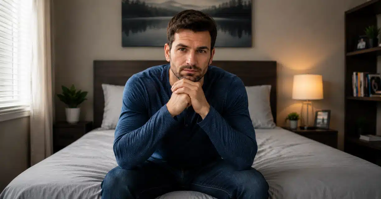 Concerned man sitting on bed while considering testosterone effects on size