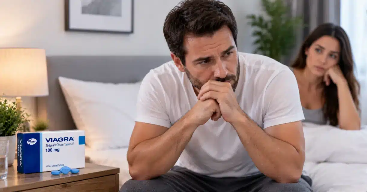 Man sitting on a bed looking concerned with a Viagra box nearby