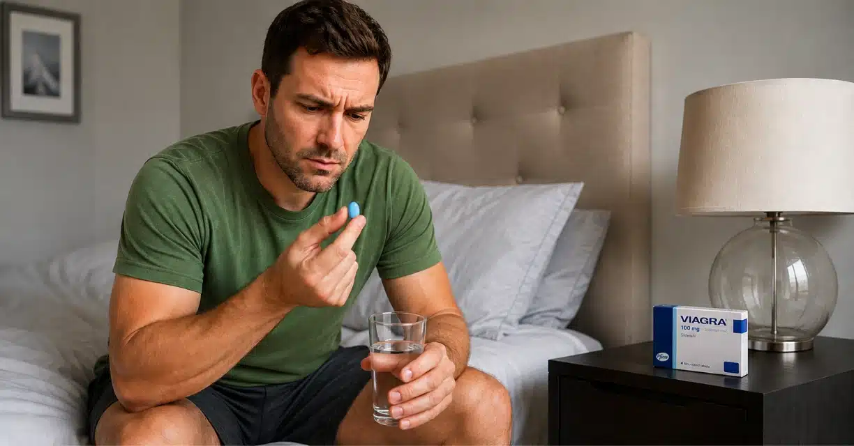 Man holding blue pill beside Viagra 100 mg box and glass of water