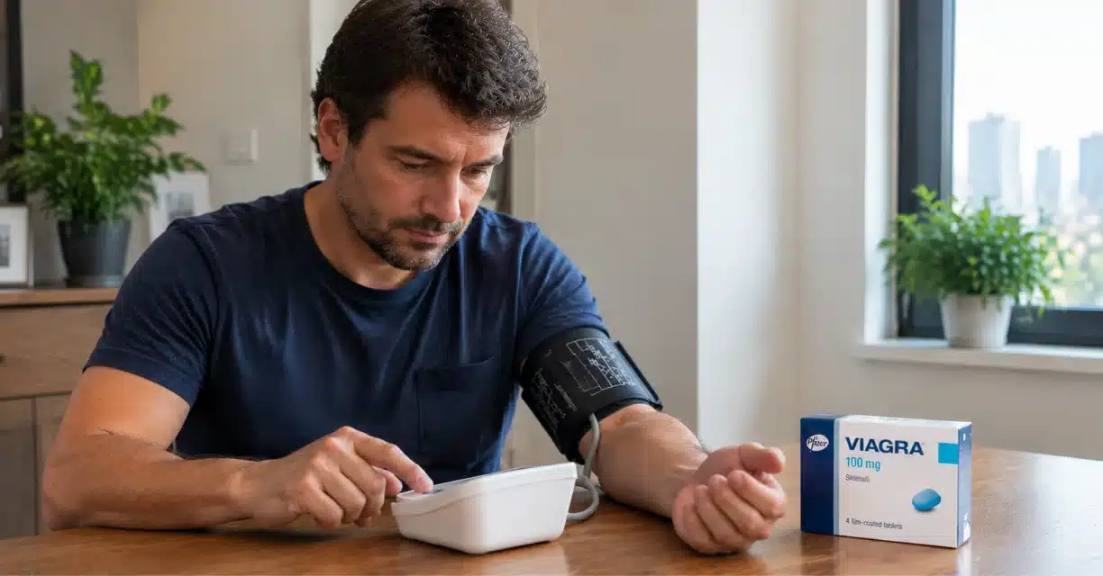Man checking his blood pressure with a Viagra 100 mg box nearby