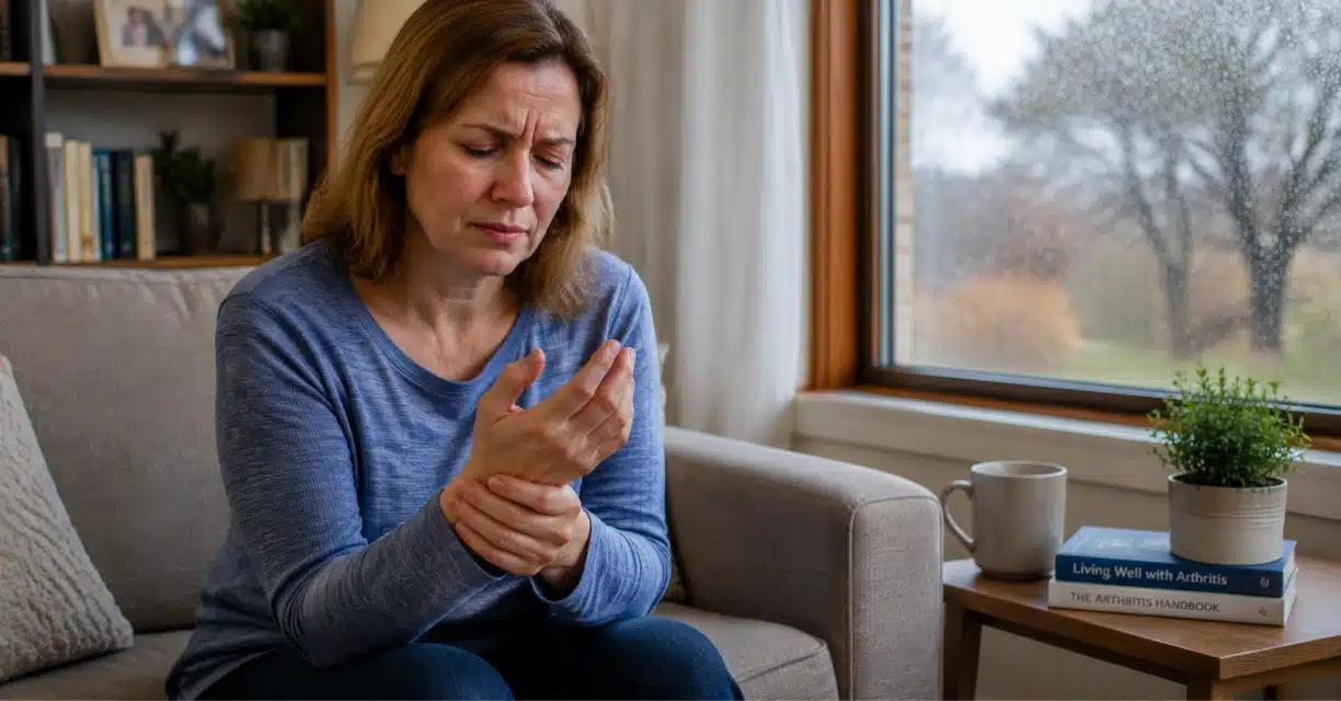 Woman holding painful wrist beside rainy window while managing arthritis
