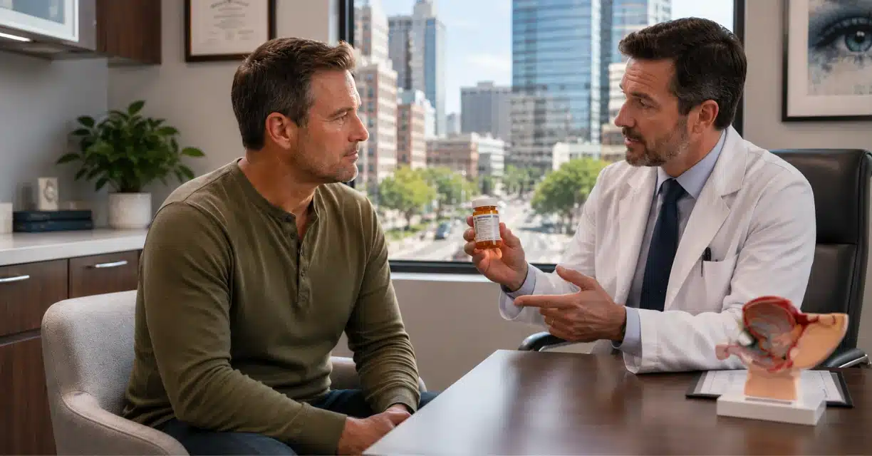 Doctor discussing erectile dysfunction treatment with male patient in Houston