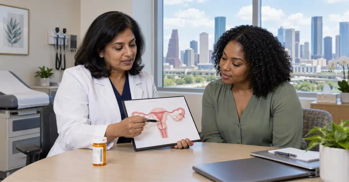 Female doctor explaining PCOS treatment with uterus diagram to patient in Houston