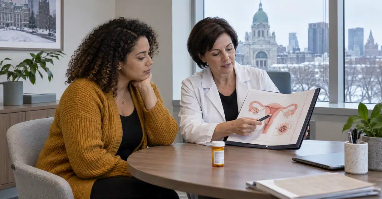 Female doctor reviewing PCOS treatment with uterus diagram in Montreal