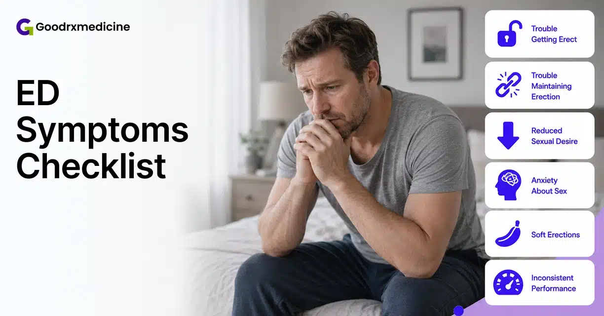 Worried man sitting on bed with erectile dysfunction symptoms checklist