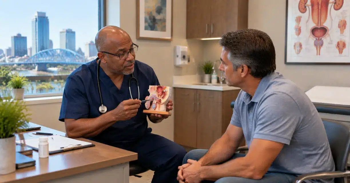 Doctor explaining erectile dysfunction treatment with pelvic model to man in Jacksonville