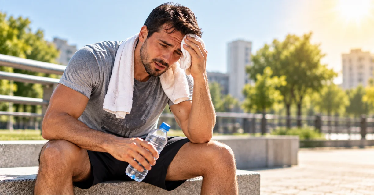 Man experiencing heat exhaustion while sitting outdoors with a water bottle