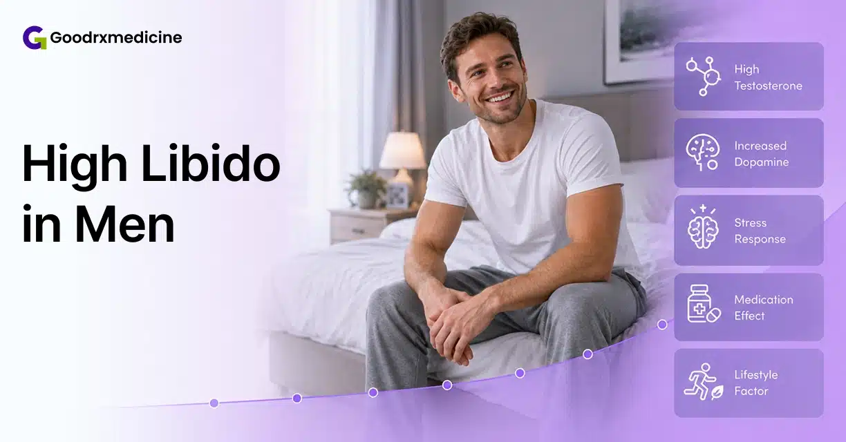 Smiling man sitting on bed with signs and causes of high libido in men