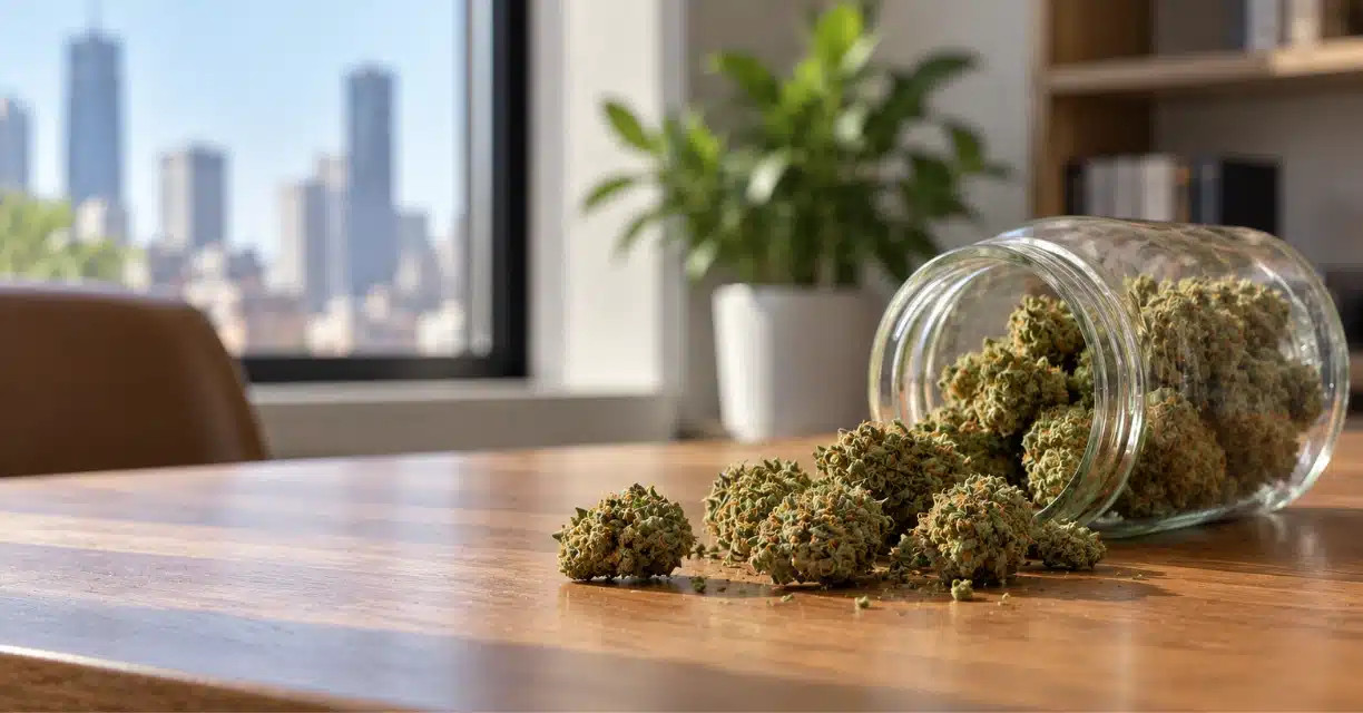 Marijuana buds spilled from a glass jar on a table