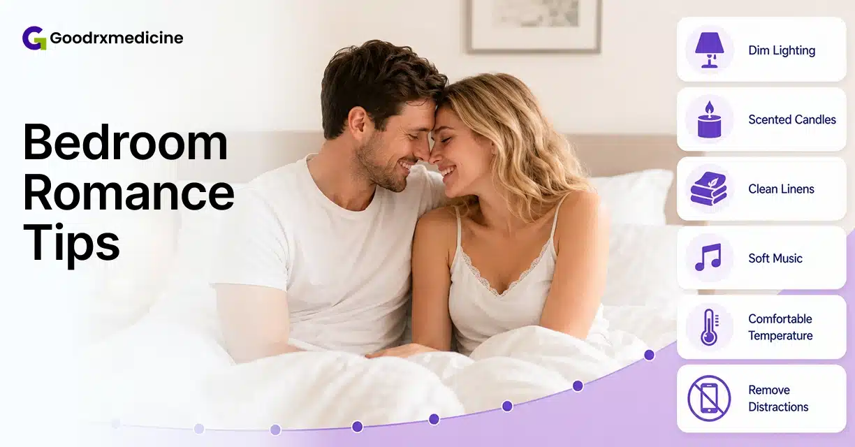 Couple cuddling in bed with cozy bedroom romance tips