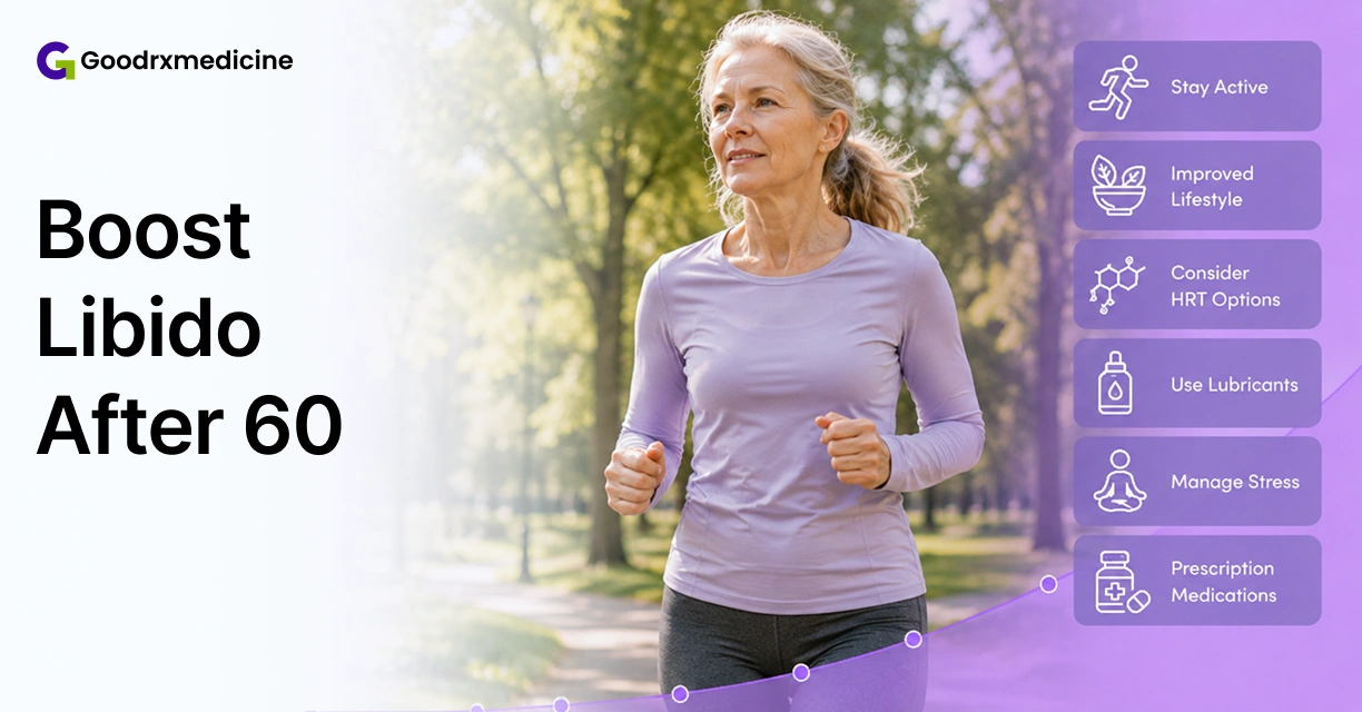 Woman over 60 jogging outdoors to support libido and intimacy