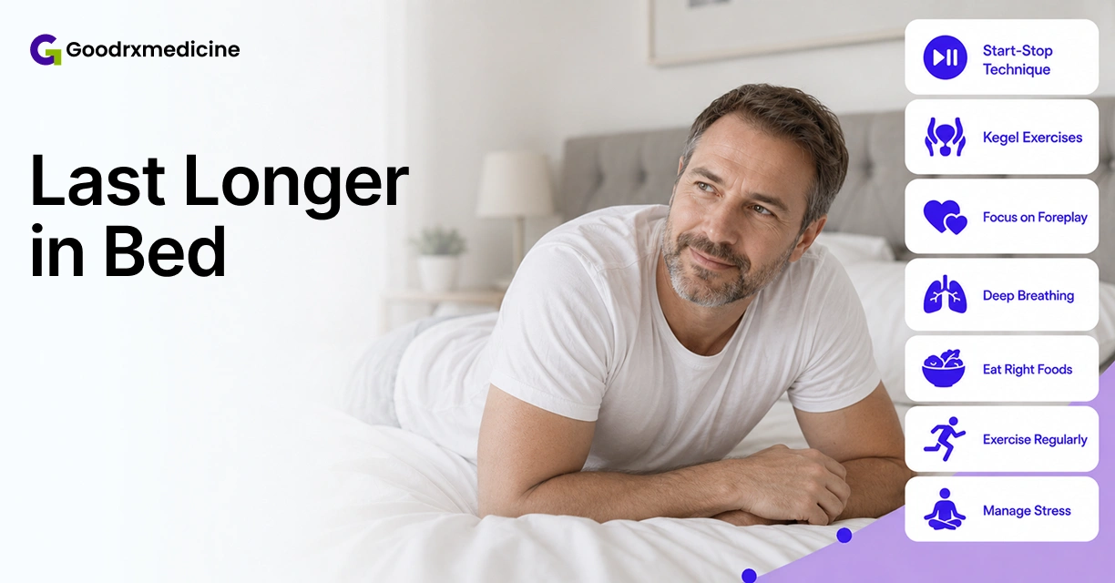 Man lying on bed with practical tips to last longer during sex