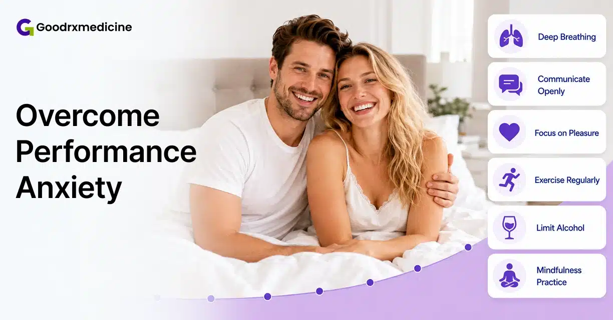 Smiling couple in bed beside tips for overcoming sexual performance anxiety