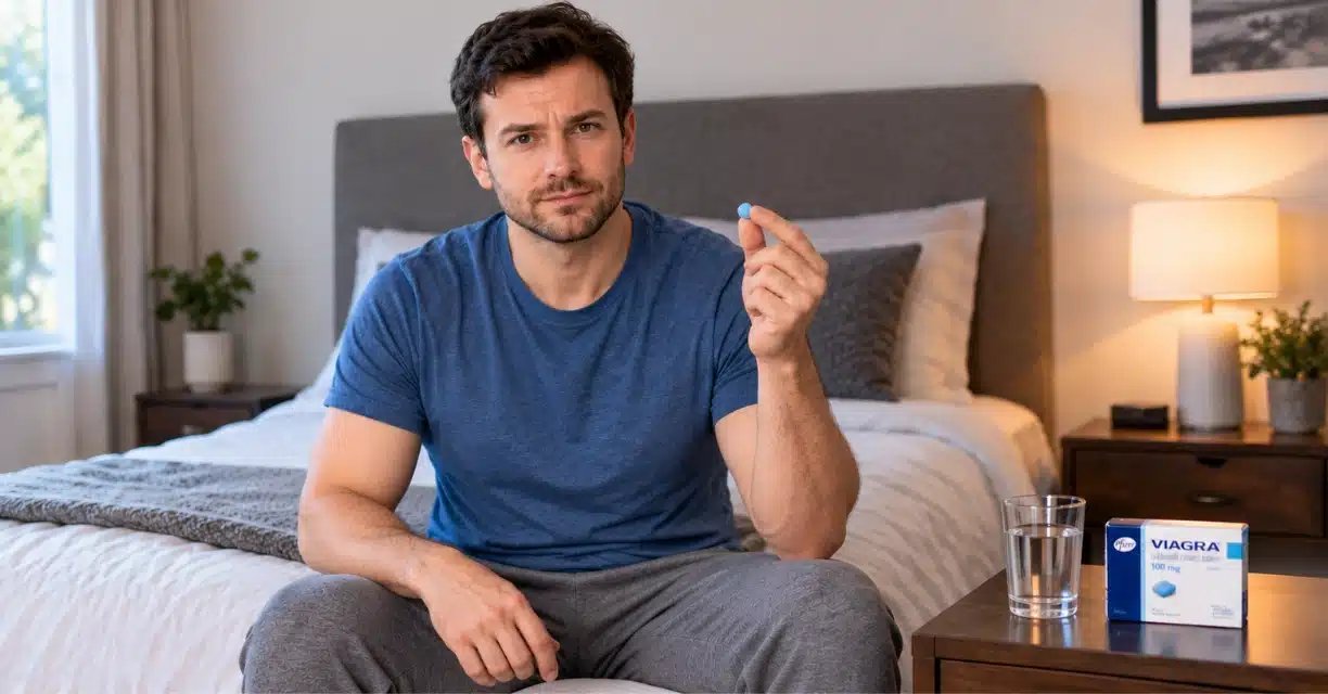 Man holding sildenafil tablet beside Viagra 100 mg box