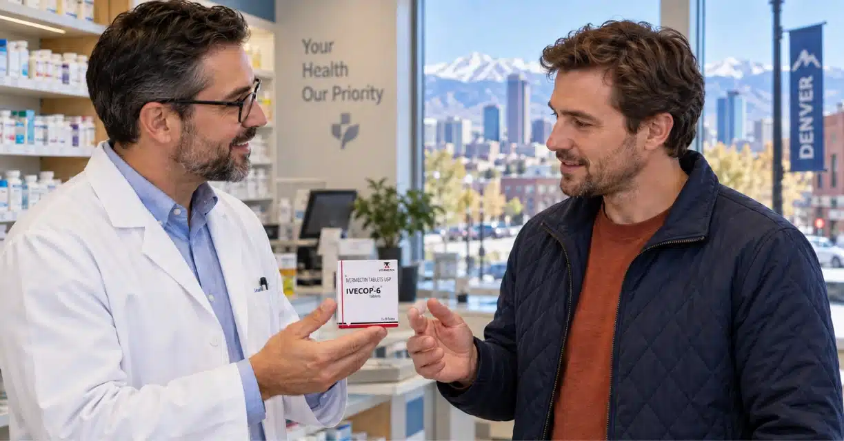 Pharmacist showing Ivecop-6 ivermectin tablets to male customer in Denver