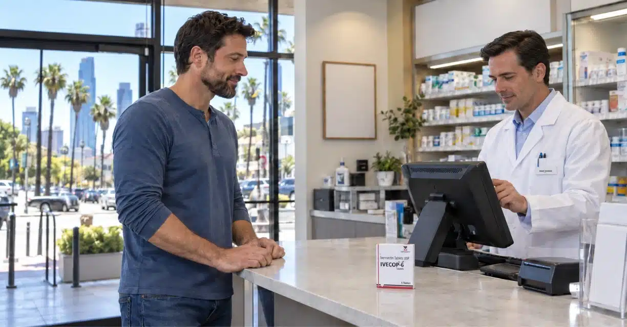 Male customer beside Ivecop-6 ivermectin tablets at a Los Angeles pharmacy