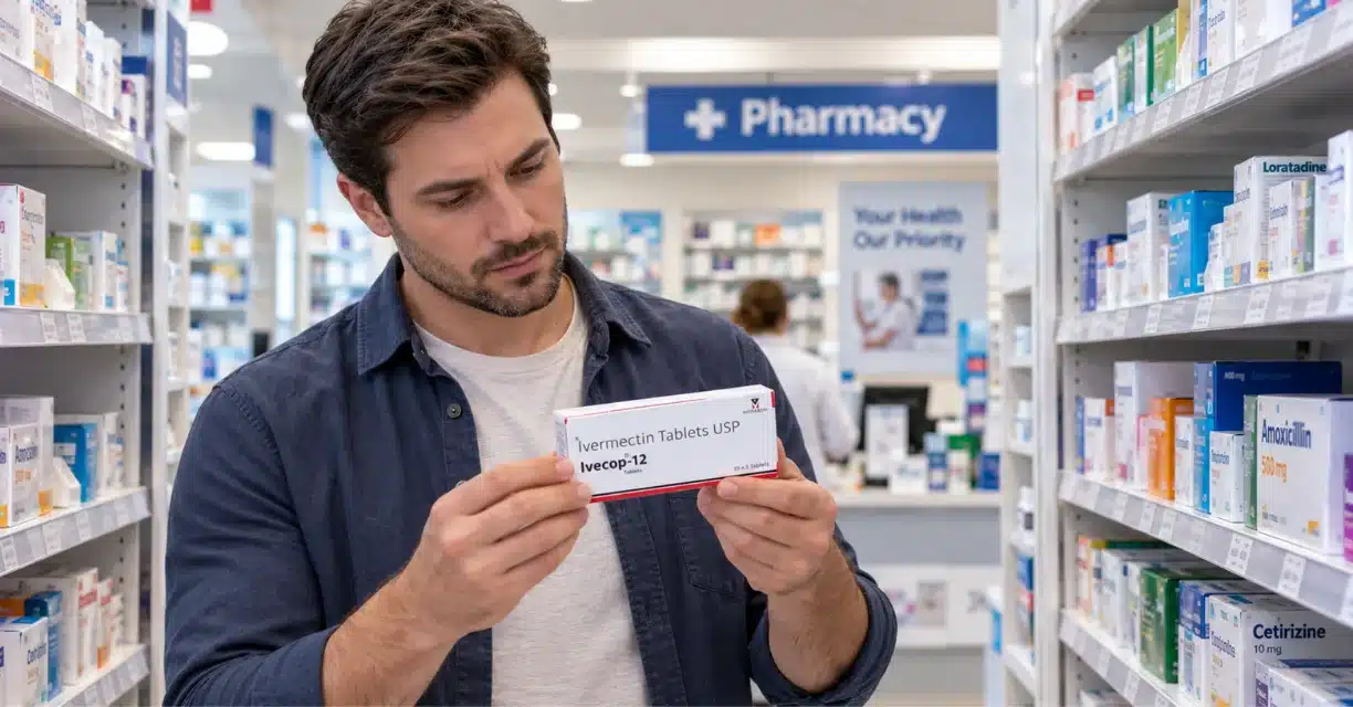 Man examining an Ivermectin tablet box in a Montreal pharmacy
