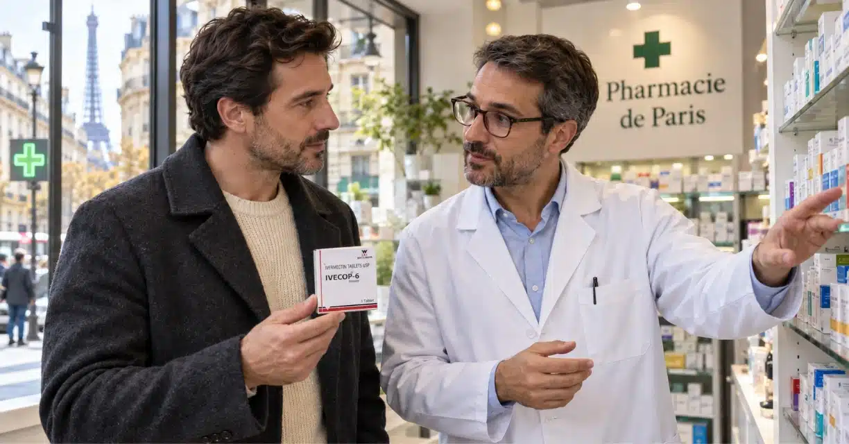 Pharmacist discussing Ivecop-6 ivermectin tablets with male customer in Paris