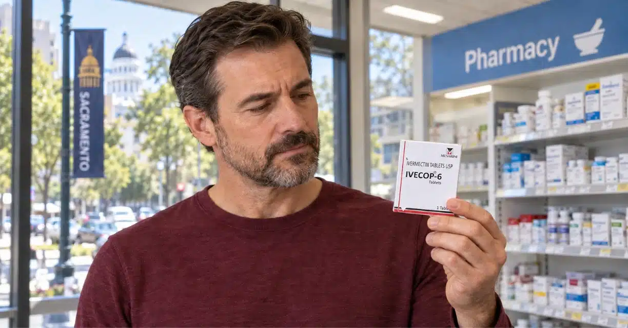 Man inspecting Ivecop-6 ivermectin tablets at a Sacramento pharmacy