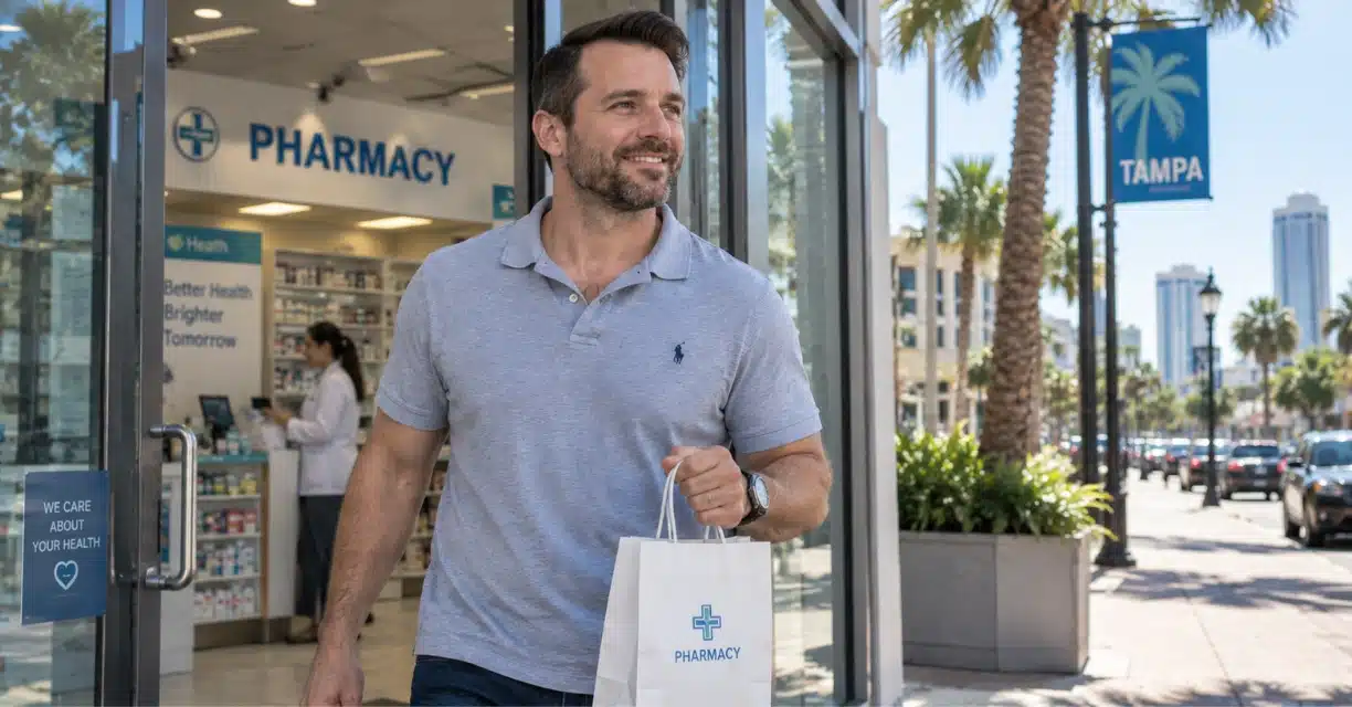Man leaving a Tampa pharmacy after buying ivermectin