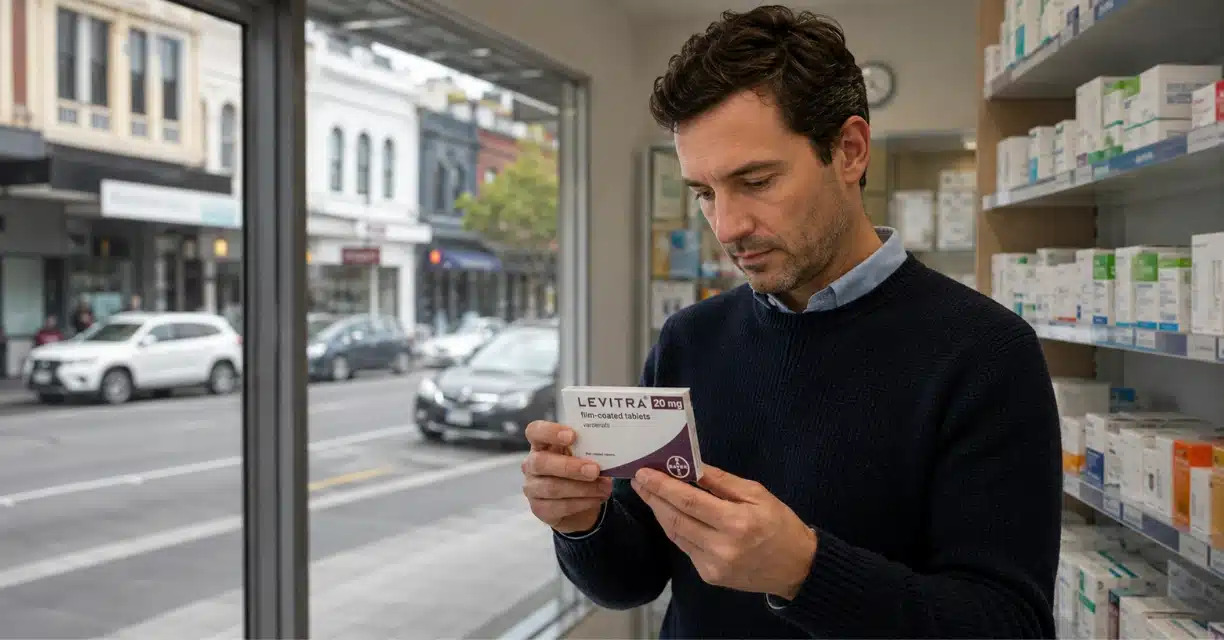 Man reading Levitra 20 mg package at a Melbourne pharmacy