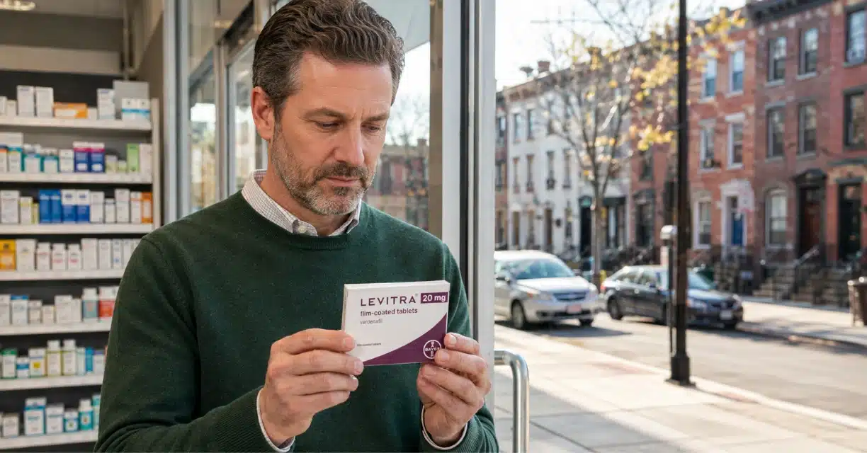 Man checking Levitra 20 mg package at a Baltimore pharmacy