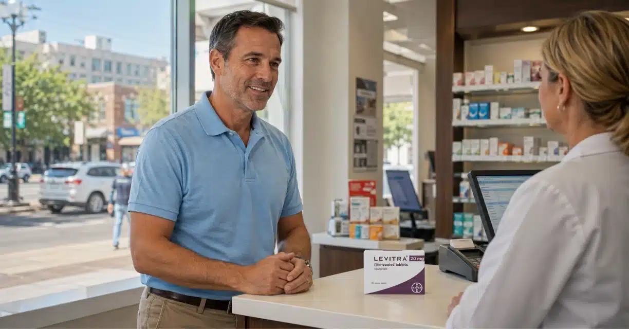 Male customer discussing Levitra with pharmacist at a Fort Worth pharmacy