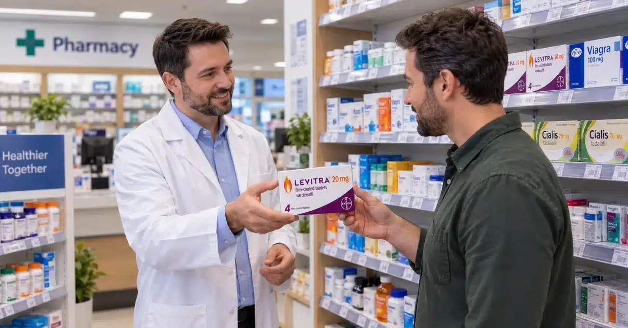 Pharmacist handing Levitra 20 mg to a customer in Memphis