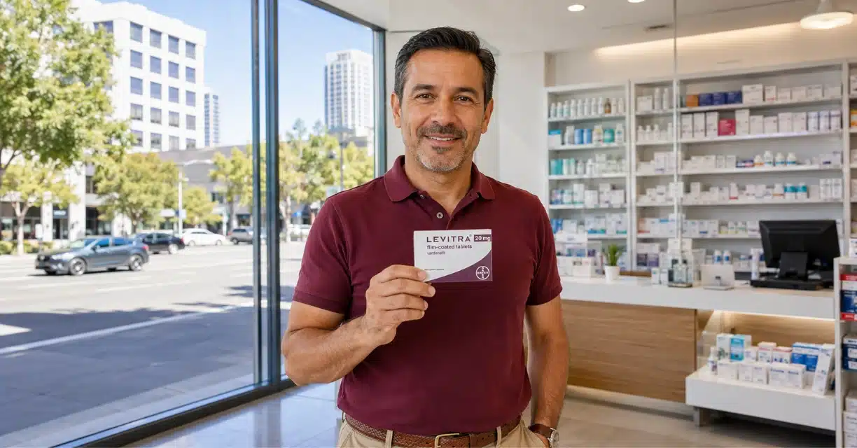 Man holding Levitra 20 mg box inside a San Jose pharmacy