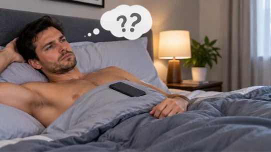 Man lying in bed thinking about masturbation