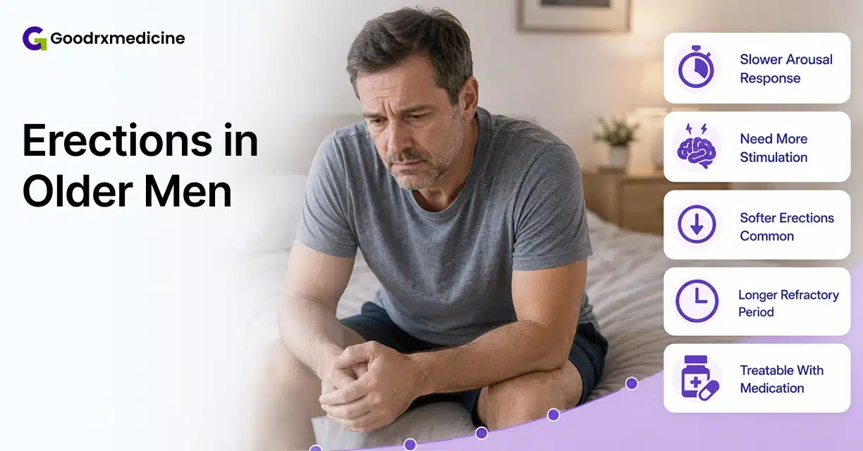 Older man sitting on bed beside age-related erection problems