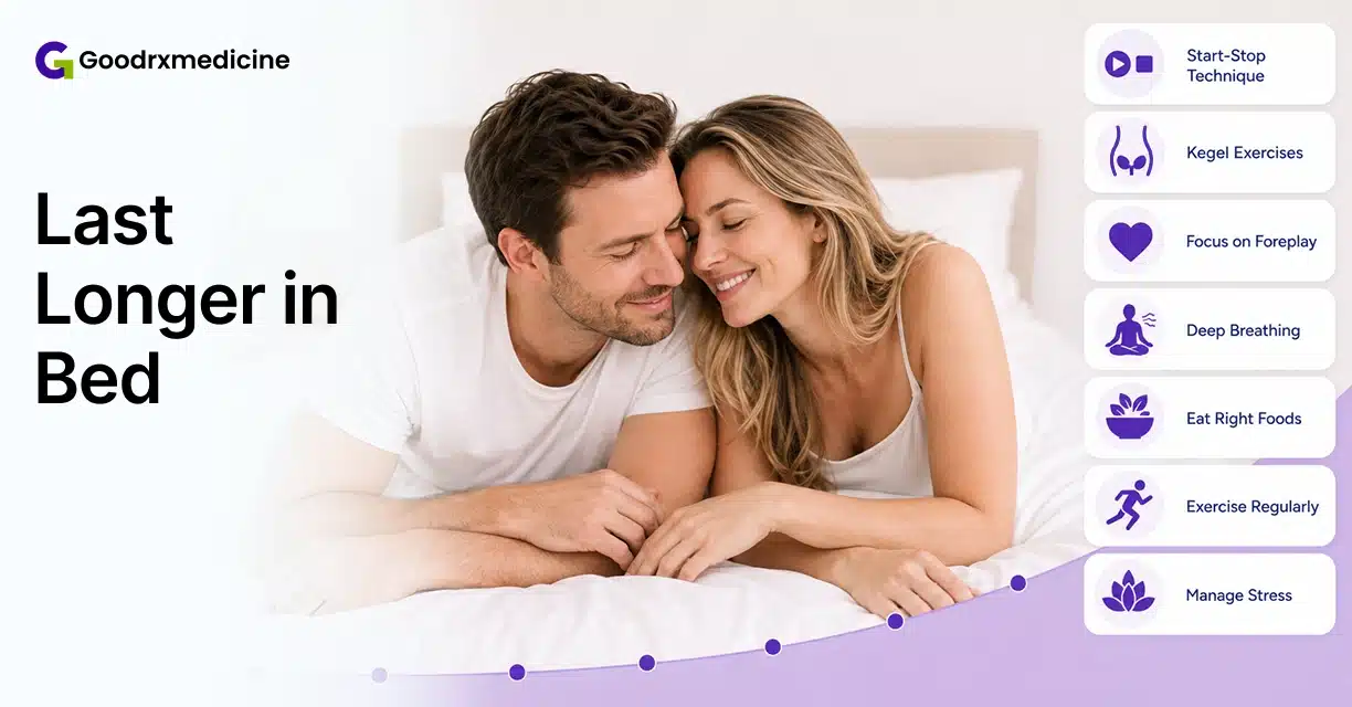 Couple relaxing in bed beside natural tips to last longer
