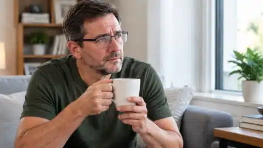 Man holding coffee while considering caffeine intake with glaucoma
