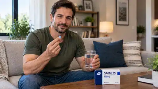 Man holding blue Viagra tablet with Viagra 100 mg box and glass of water