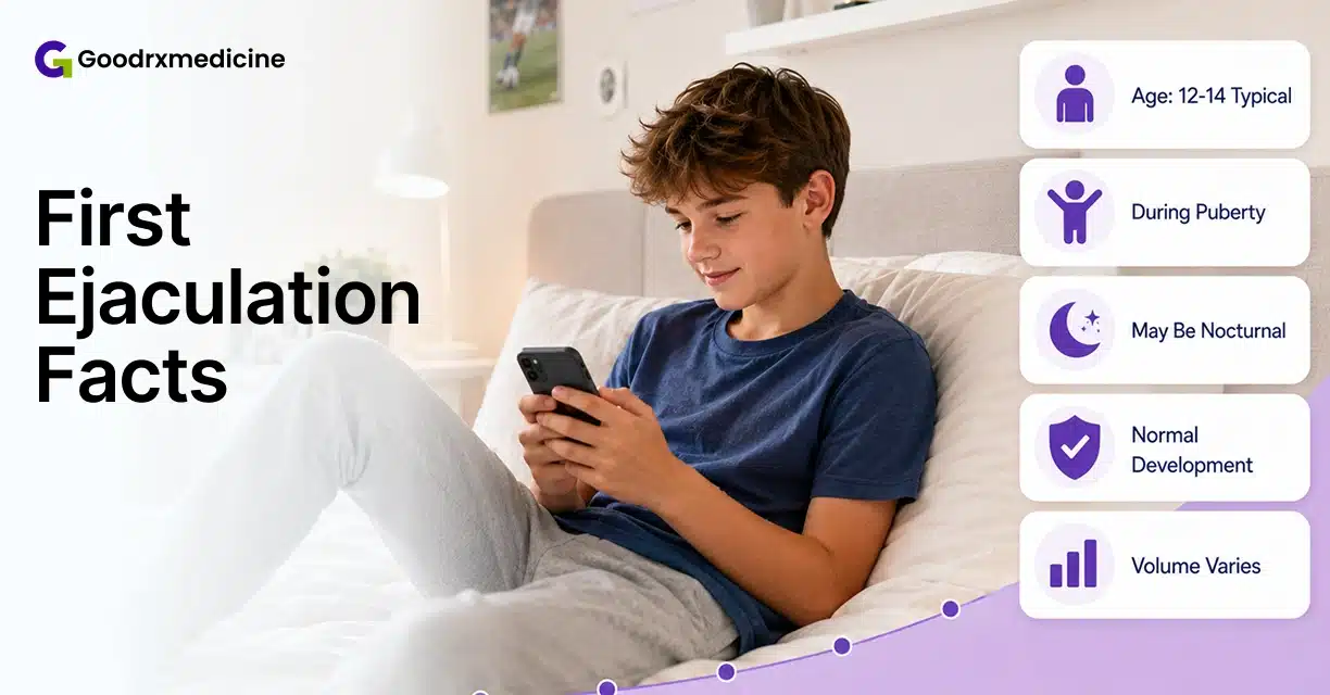 Teenage boy using a phone in bed with first ejaculation and puberty facts