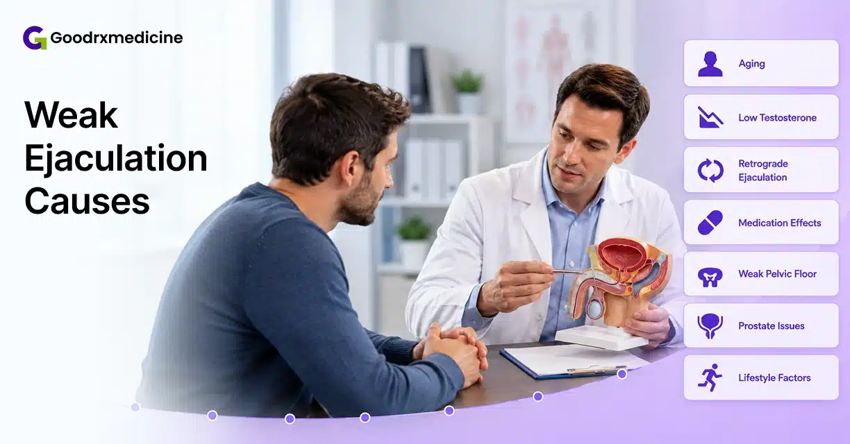 Doctor explaining male reproductive anatomy to a patient with weak ejaculation