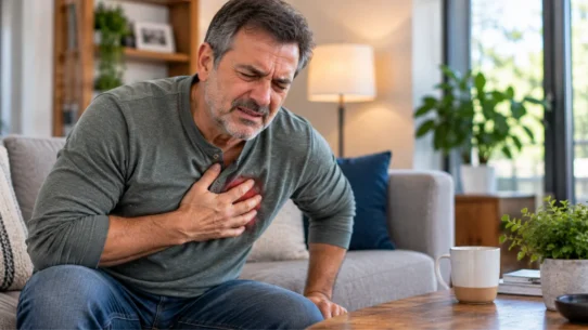 Man experiencing chest pain, illustrating common heart attack symptoms